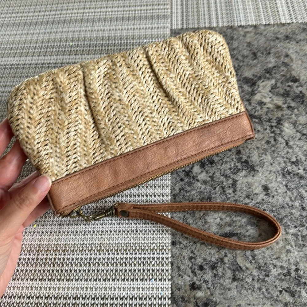 Express Women’s Woven Straw Wrislet Orange Brown Buckle Detail Summer Clutch